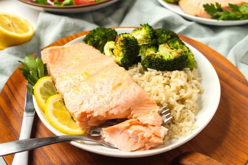lemon baked salmon with brown rice and broccoli