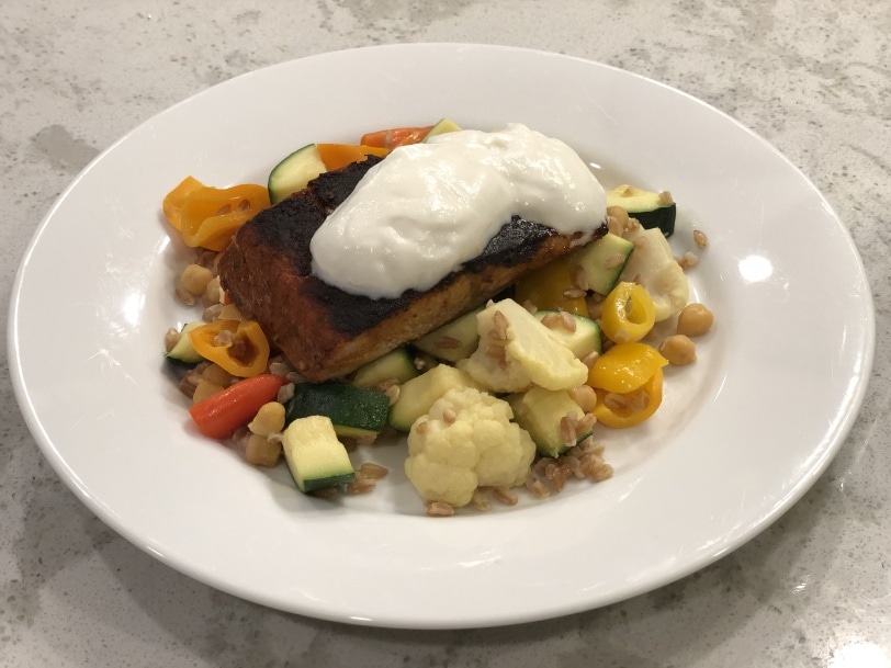 salmon with yogurt and farro veggies
