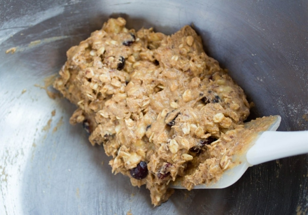 vegan pumpkin oatmeal cookie dough in a mixing bowl