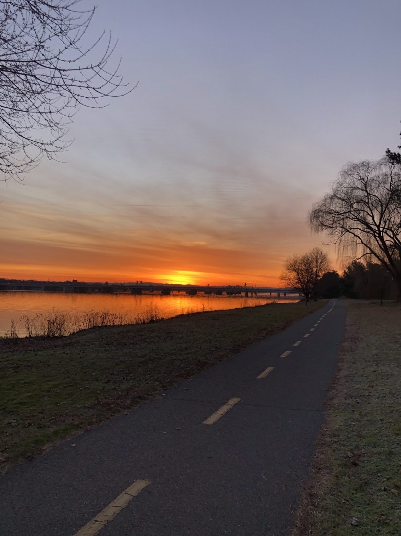 running on the GW parkway trail at sunrise