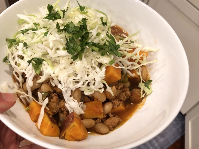turkey chili with cabbage slaw on top