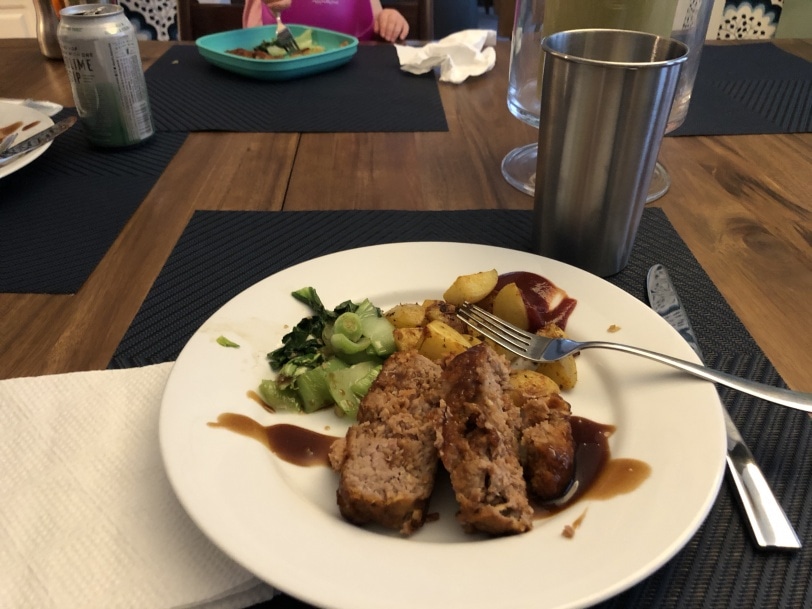 meatloaf with roasted potatoes and bok choy