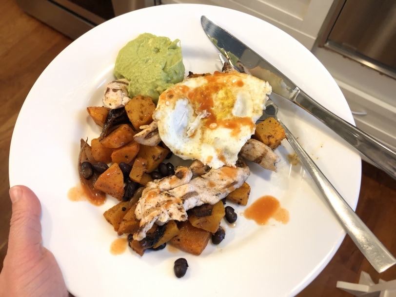 squash hash with black beans avocado chicken and fried eggs