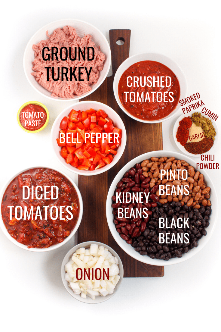 ground turkey, beans, diced tomatoes, bell peppers, onion, and seasonings in bowls