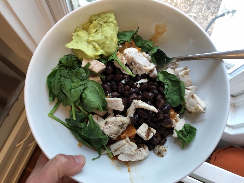 sweet potato black bean chicken spinach bowl