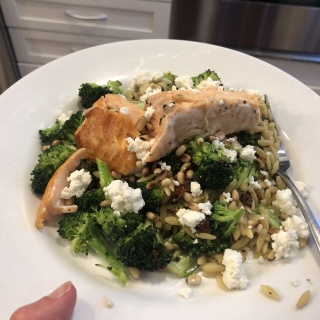 seared salmon with orzo, feta, broccoli, roasted red pepper
