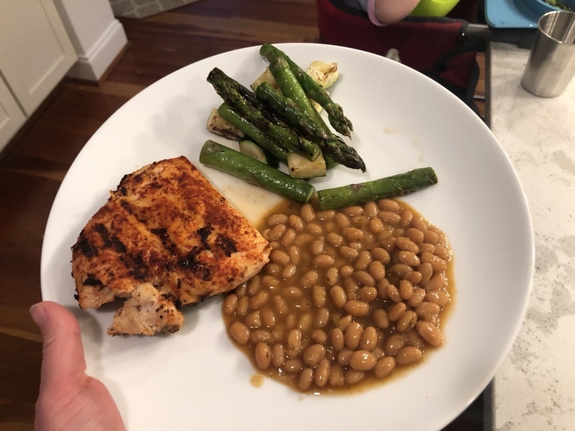 grilled chicken with baked beans and grilled asparagus and zucchini