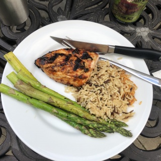 grilled marinated honey mustard chicken with grilled asparagus and rice