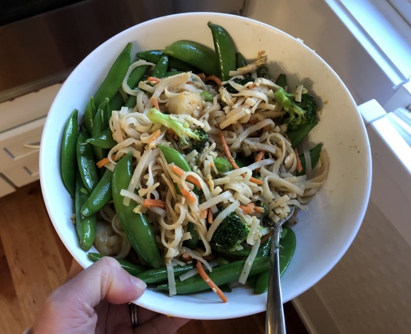 asian shrimp noodle bowl with snap peas
