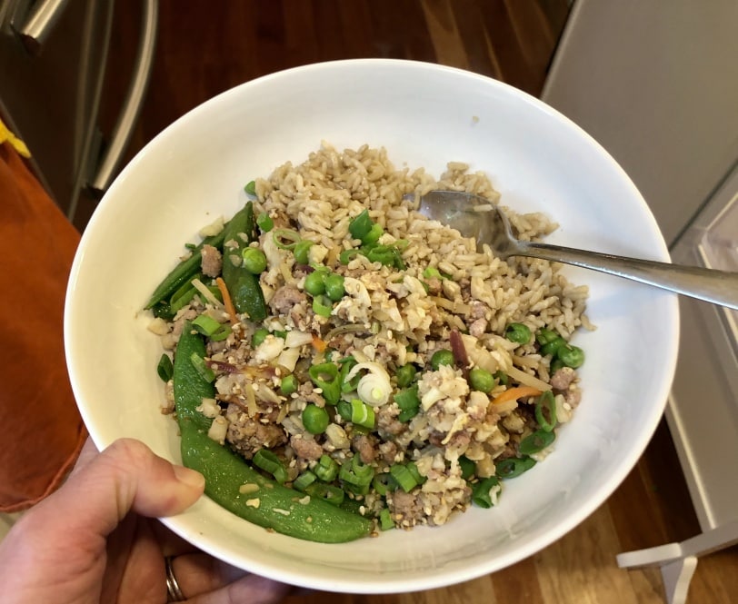 pork with cauliflower rice and peas
