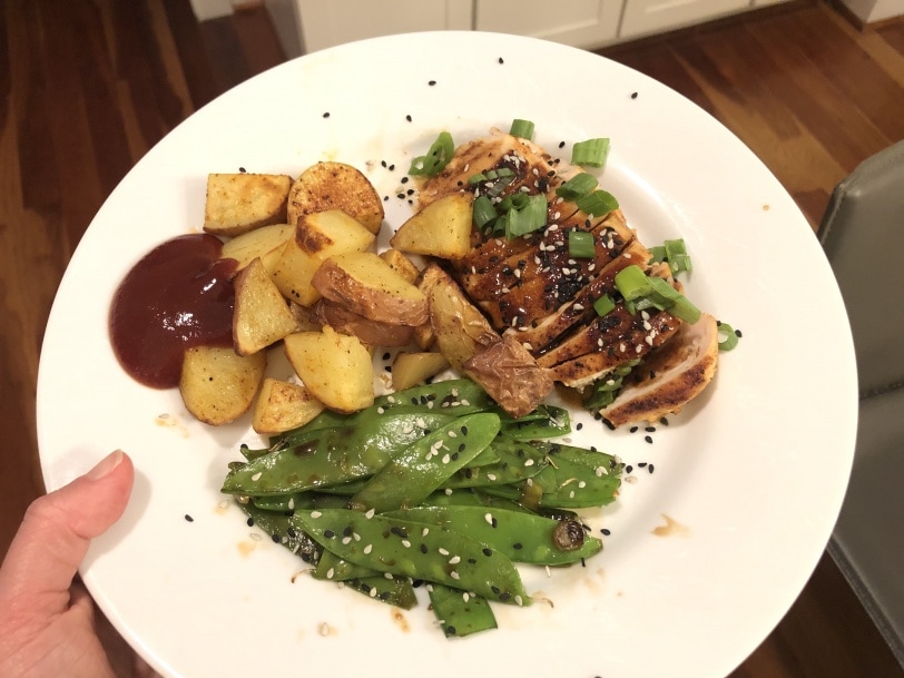 chicken with roasted potatoes and snap peas
