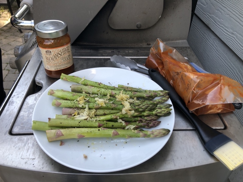 grill night with marinated chicken and asparagus