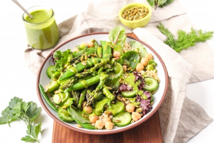 green goddess salad with snow peas and honey vinaigrette