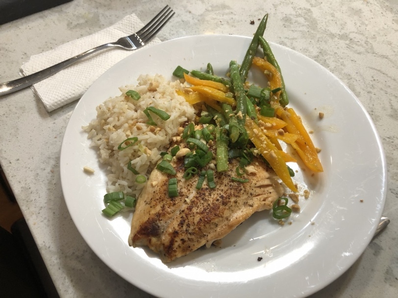 asian salmon with rice and veggies and soy glaze