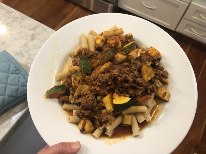 pasta night with ground beef bolognese and zucchini