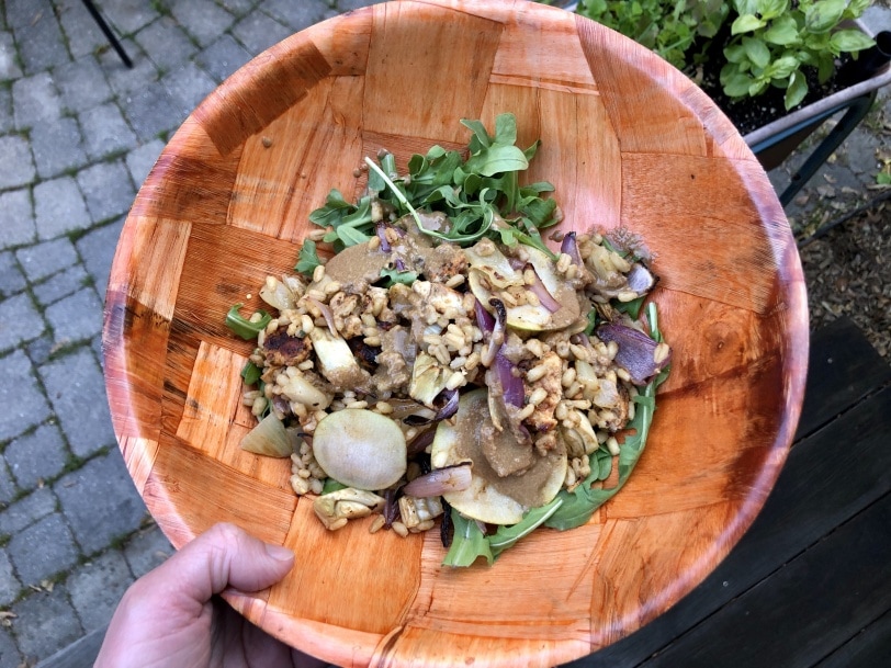grain bowl with barley chicken arugula and pear