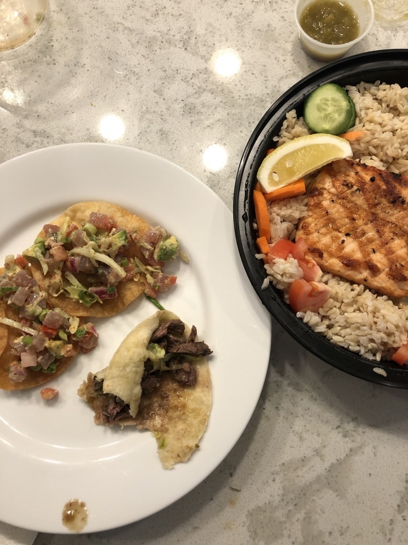 dinner from kaizen in del ray - salmon, tacos, tostadas