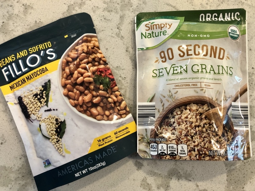 bag of microwave rice quinoa mix and bag of microwave Mexican-style beans