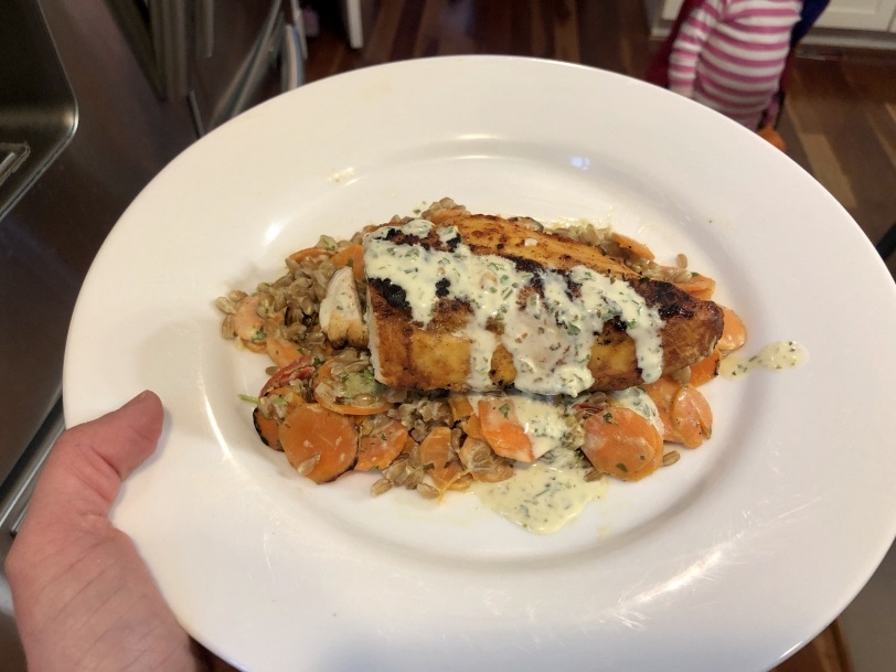 chicken with farro, carrots, and cilantro sauce