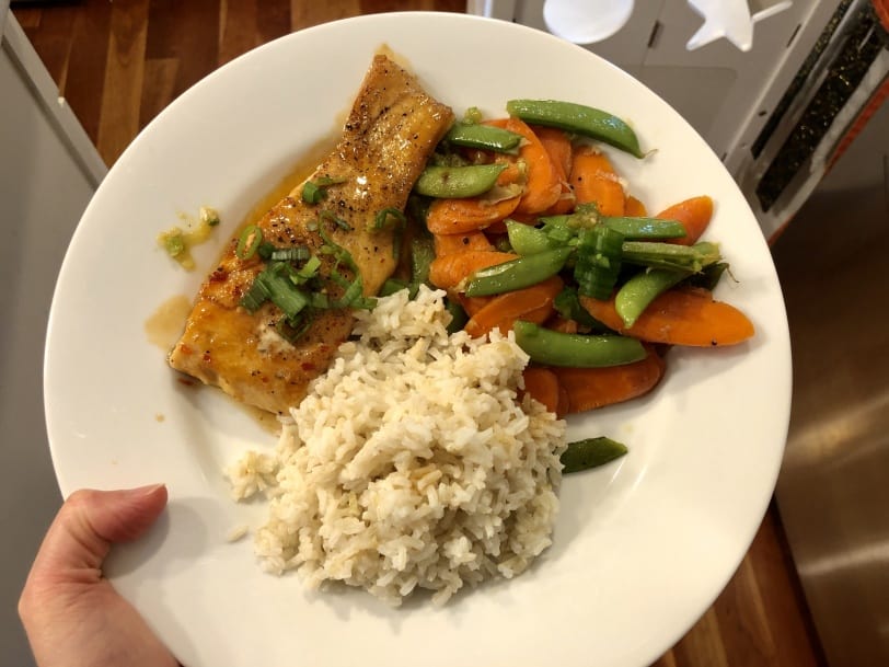 asian salmon with vegetables and brown rice