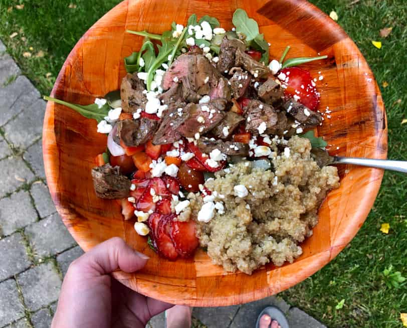 steak and strawberry quinoa salad with arugula