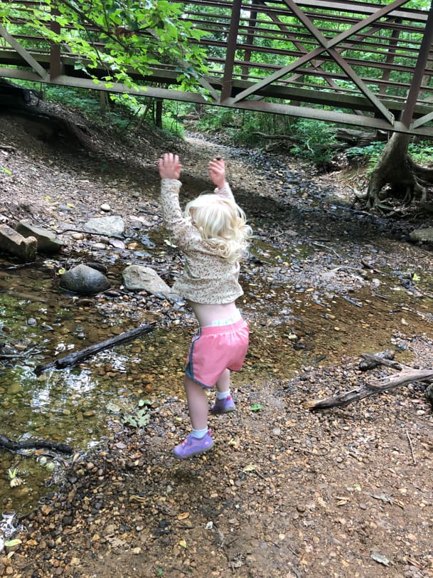 toddler throwing rocks into a stream