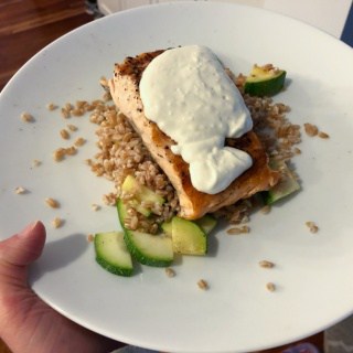 salmon with farro, zucchini, and lemon yogurt sauce