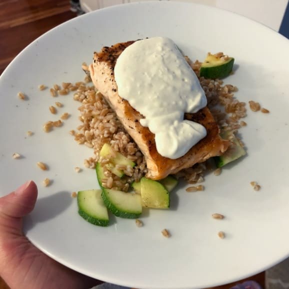 salmon with farro, zucchini, and lemon yogurt sauce