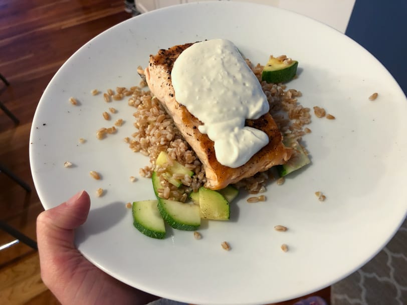salmon with farro, zucchini, and lemon yogurt sauce