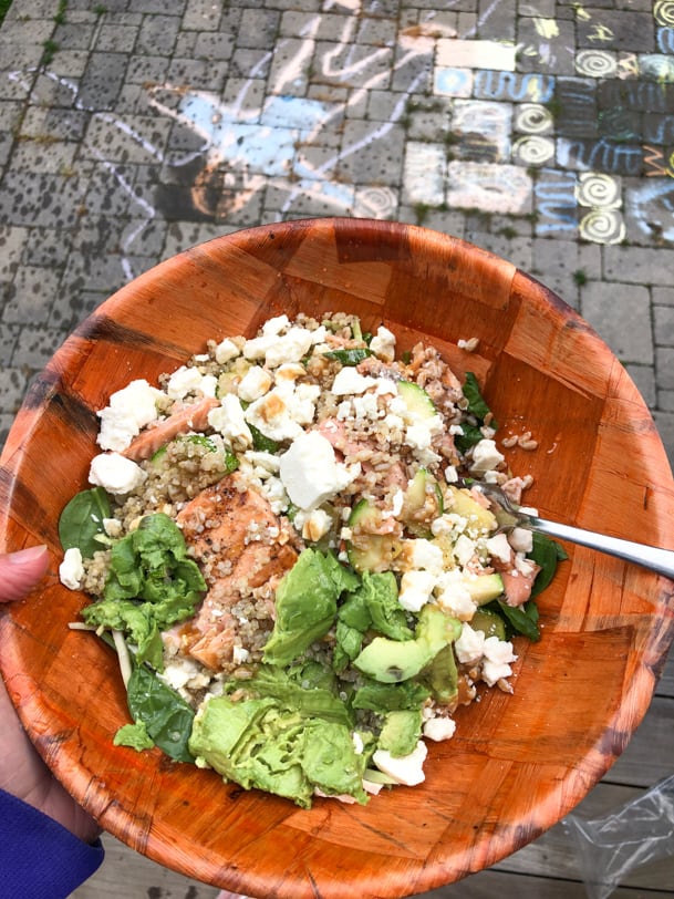 leftover salmon salad with quinoa, avocado, feta, greens