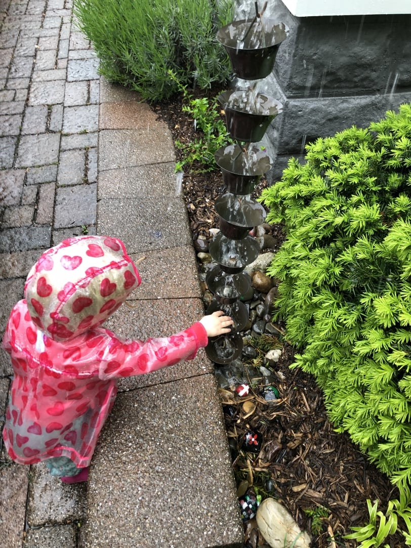 toddler fascinated by a rain downspout