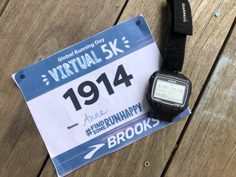 global running day virtual 5k bib and watch