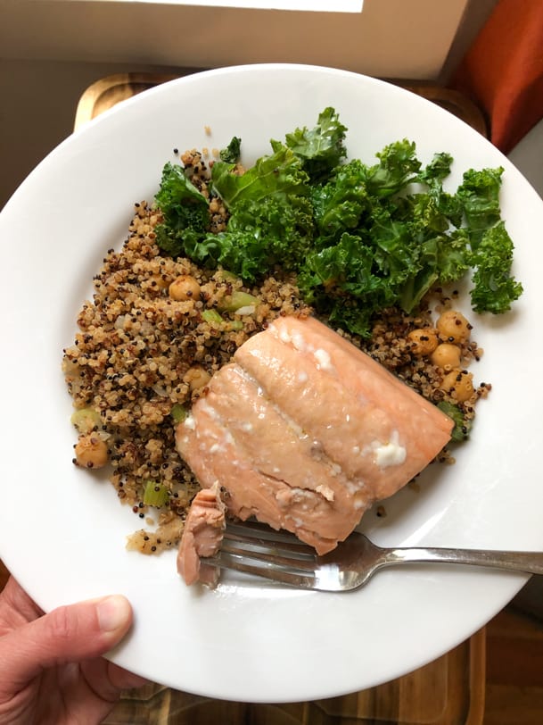 salmon with quinoa and chickpeas and kale
