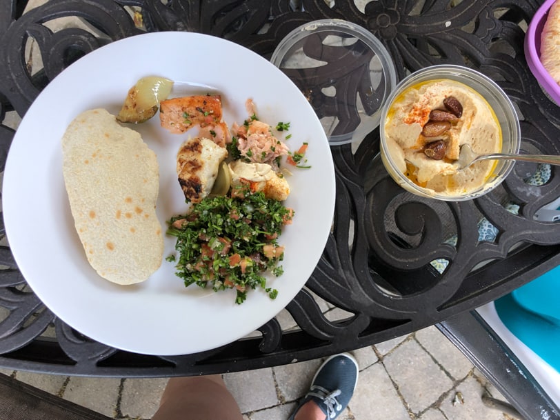 lebanese taverna tabouleh, hummus, salmon, chicken, pita
