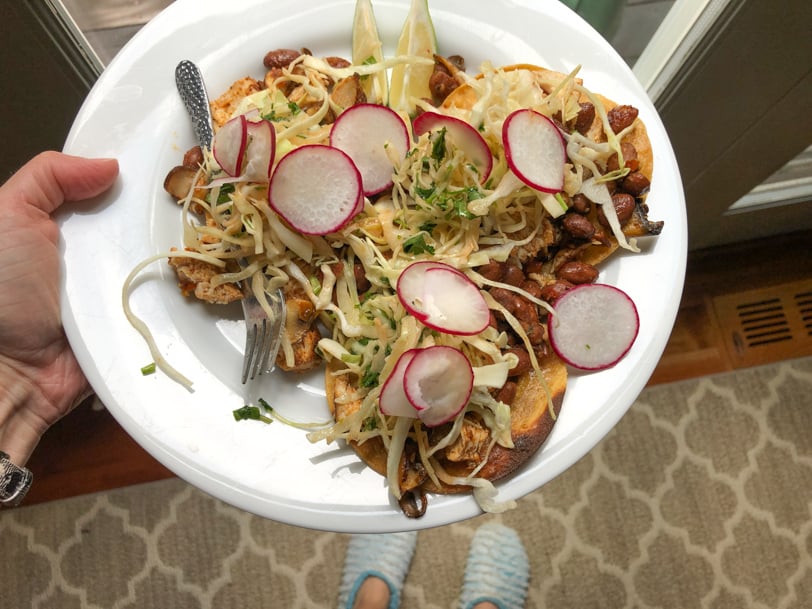 chicken, mushroom, and bean tostadas with slaw and radish