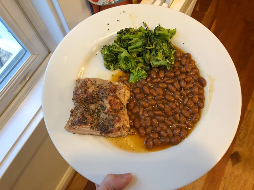 chicken thighs, baked beans, and roasted broccoli