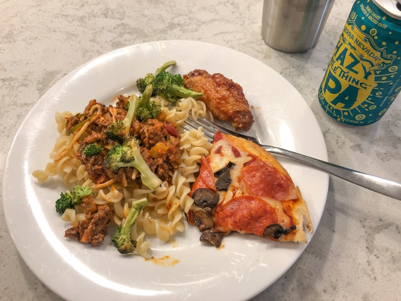 random leftovers - pizza, pasta, broccoli, wings