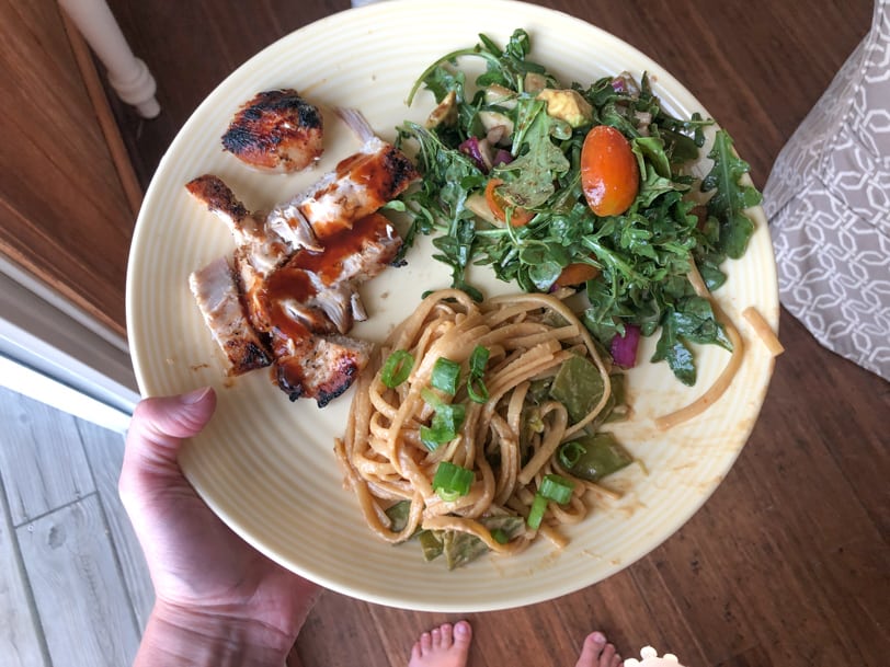 peanut pasta with chicken and salad