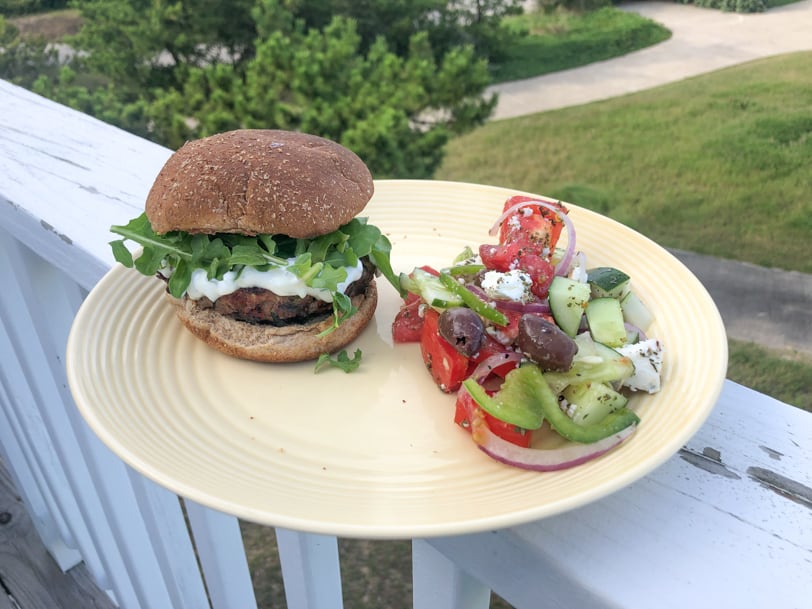 greek lamb burgers with lemon mint yogurt sauce and greek salad