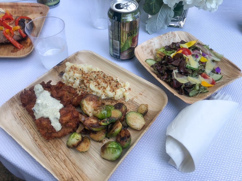 fried chicken with brussels and mac and cheese