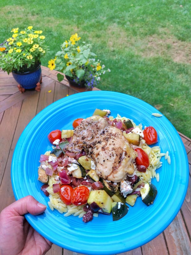 mediterranean chicken with veggies and orzo