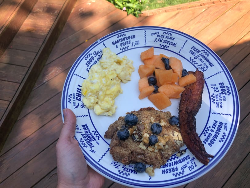 brunch - french toast casserole, bacon, fruit, scrambled eggs