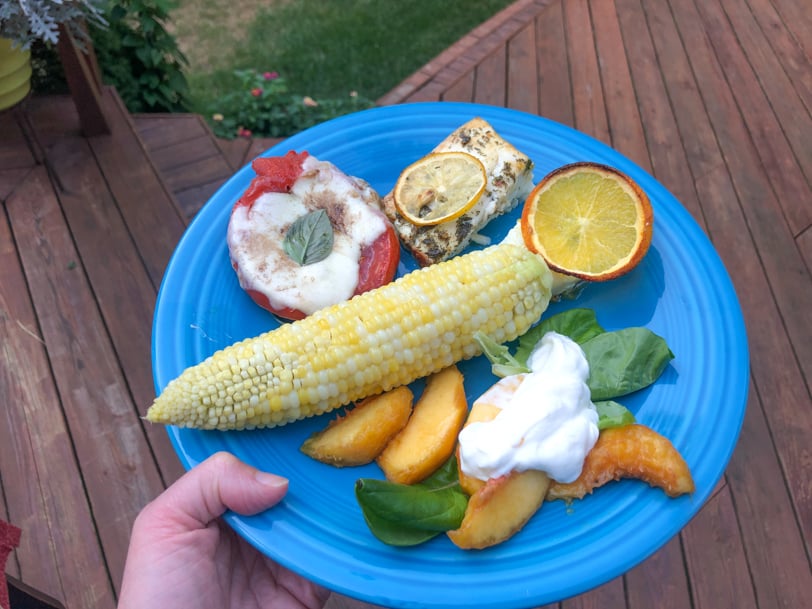 corn with peaches and fish