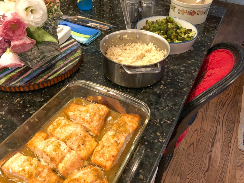 orange ginger salmon with rice and roasted broccoli