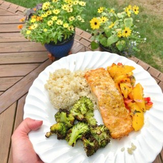 orange ginger salmon, brown rice, roasted broccoli
