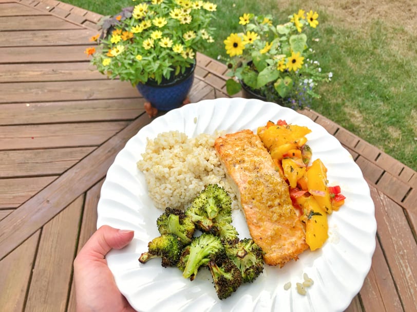 orange ginger salmon, brown rice, roasted broccoli