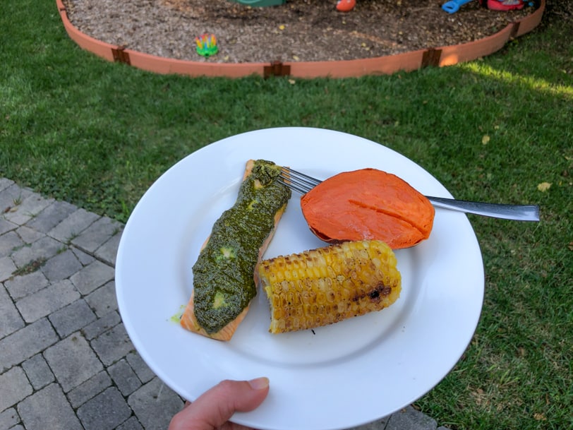 pesto salmon with grilled corn and sweet potato