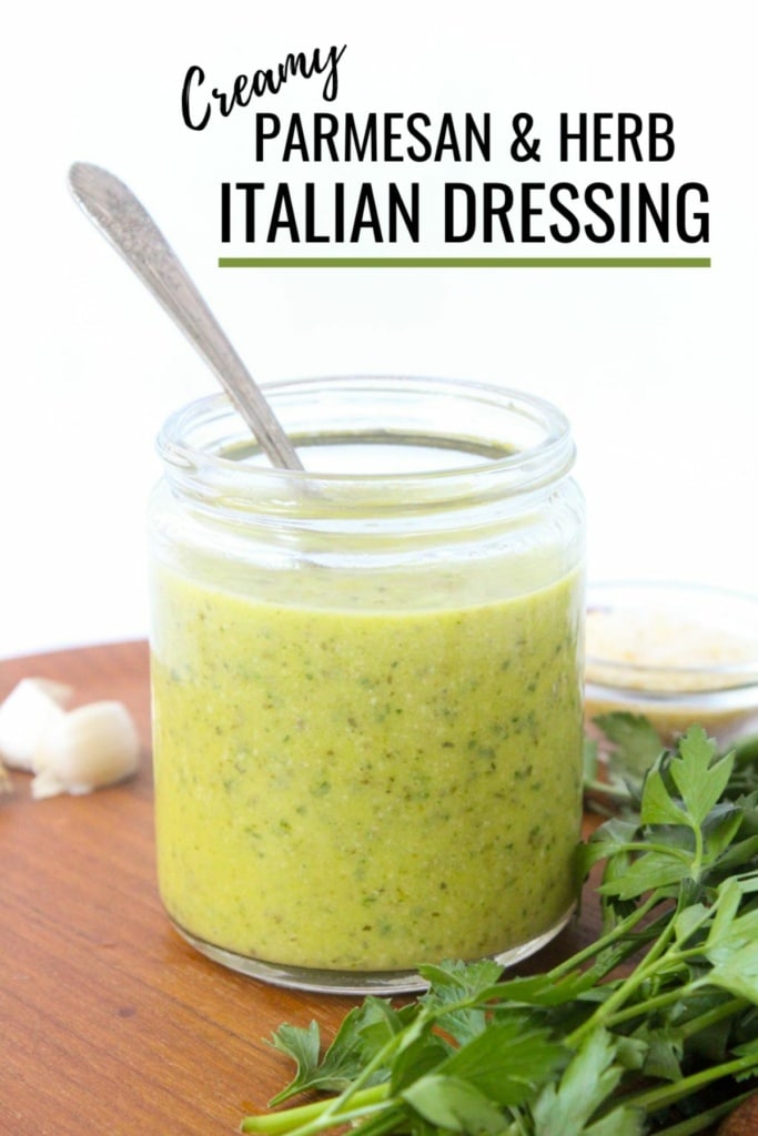 creamy Italian dressing with parmesan in a small jar