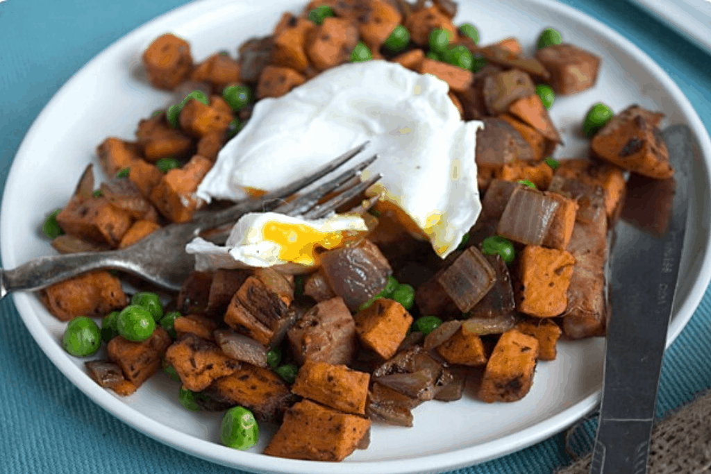poached egg and sweet potato hash