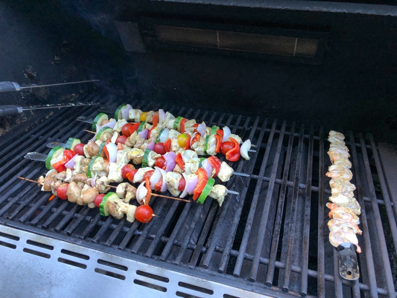 chicken and vegetable and shrimp kabob skewers